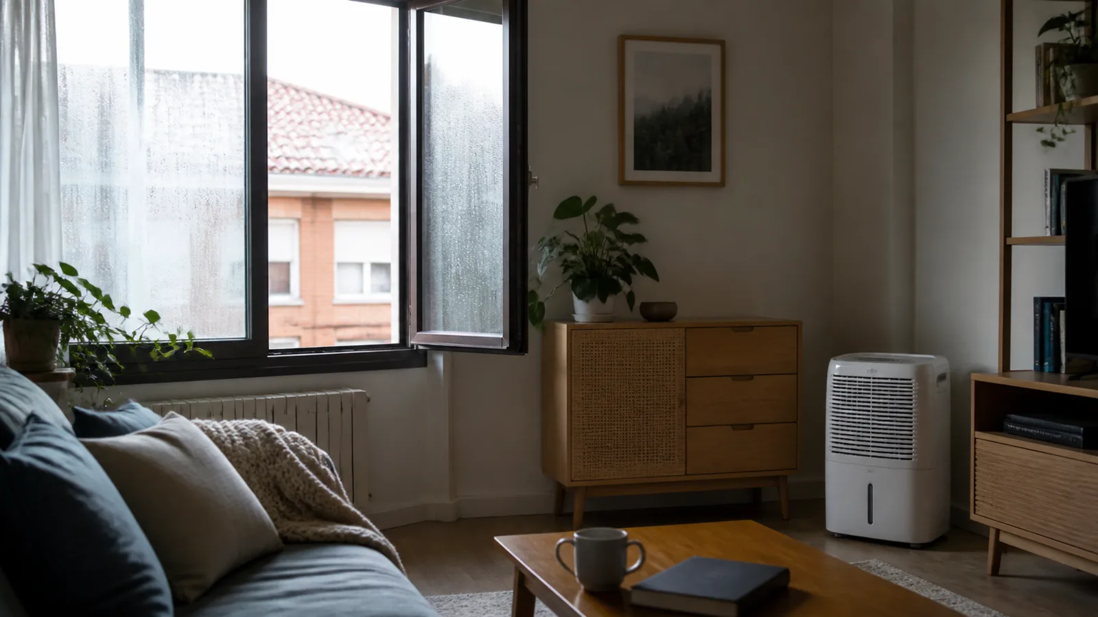 Ventana abierta con condensación y un deshumidificador portátil en una vivienda