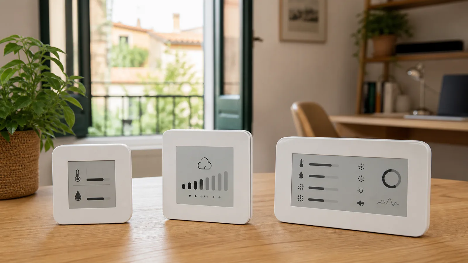 Tres dispositivos domésticos para medir humedad, dióxido de carbono y varios parámetros ambientales