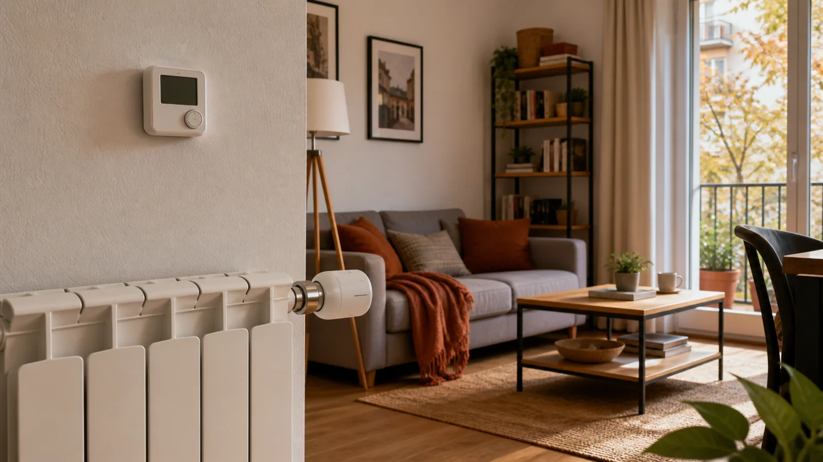 Cabezal termostático en un radiador y termostato de ambiente en la pared
